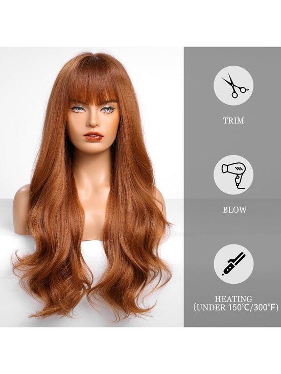 Women\'s Auburn Heat Resistant Long Curly Wavy Synthetic Wig with Bangs Size 26In